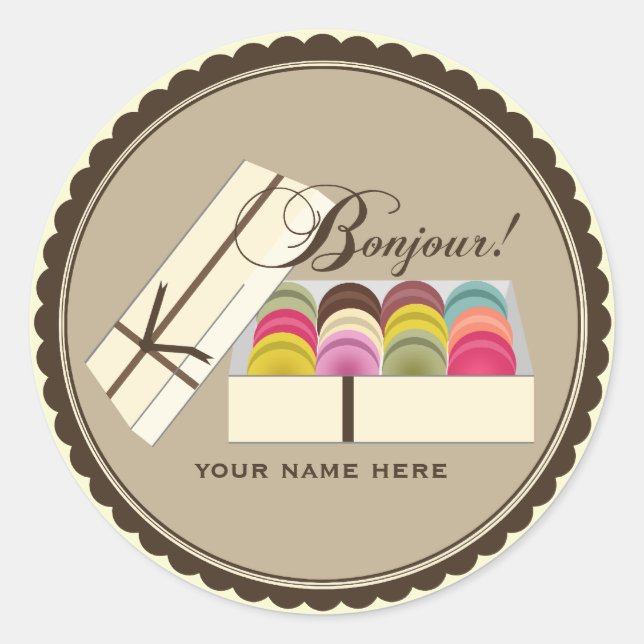 One Dozen French Macarons Bonjour Personalized Classic Round Sticker (Front)