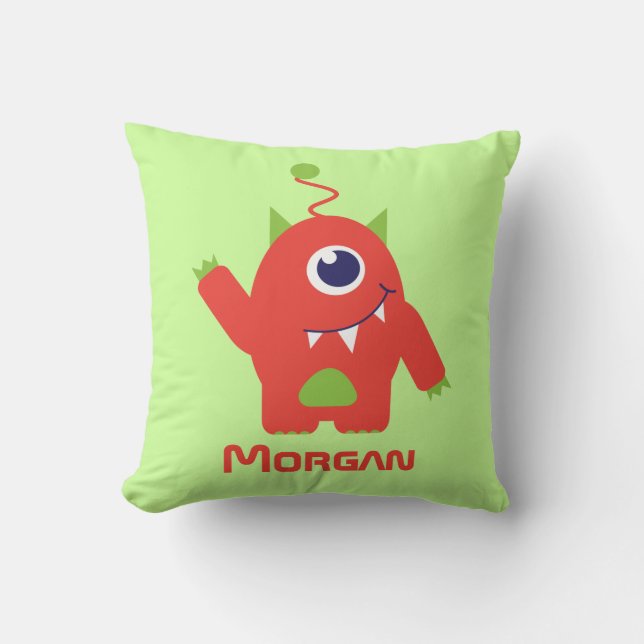 One eyed alien orange & green kids name pillow (Front)