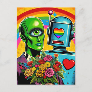 One Eyed Green Alien and a Robot Wedding Postcard