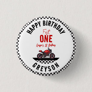One Fast Race Motorcycle Boy 1st Birthday Party 1 Inch Round Button
