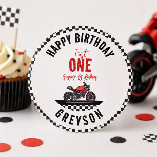 One Fast Race Motorcycle Boy 1st Birthday Party Classic Round Sticker
