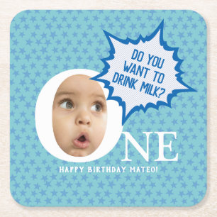 ONE first birthday boy personalized  Square Paper Coaster