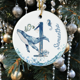 One First Birthday Child Personalized Whale Cerami Ceramic Ornament