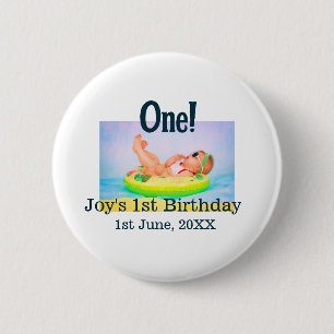 One first birthday photo modern add name date 2 inch round button