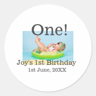 One first birthday photo modern add name date classic round sticker