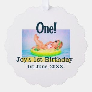 One first birthday photo modern add name date  ornament card