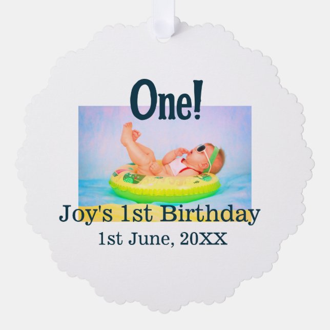One first birthday photo modern add name date  ornament card (Front)