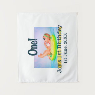 One first birthday photo modern add name date  tapestry