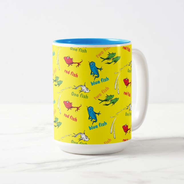 One Fish Two Fish Yellow Pattern Two-Tone Coffee Mug (Front Right)