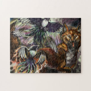 One for Sorrow Magpie and Fox Digital Illustration Jigsaw Puzzle