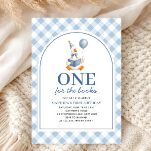 One For The Books Boy's Blue Gingham 1st Birthday Invitation