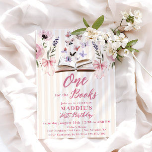 One for the Books Pink Storybook Girl 1st Birthday Invitation