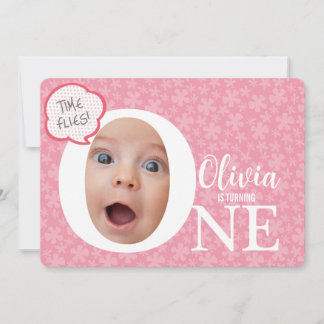 One fun baby photo pink flower birthday invitation