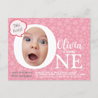 One fun baby photo pink flower birthday Invitation Postcard