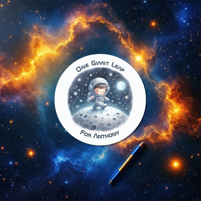 One Giant Leap Astronaut Boy Birthday Party Classic Round Sticker (One Giant Leap Astronaut Boy Birthday Party Classic Round Sticker)
