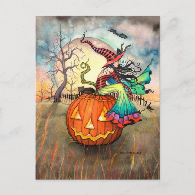 One Giant Pumpkin Halloween Witch Art Postcard (Front)