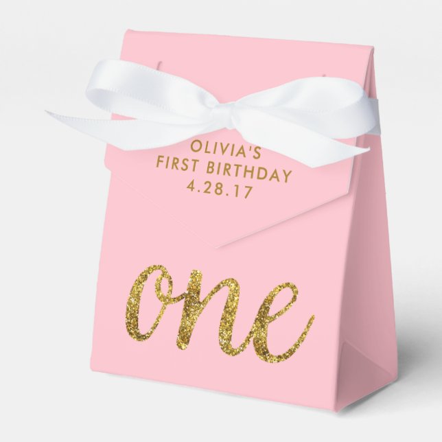 One Glitter  1st Birthday Pink and Gold Favor Box (Front Side)