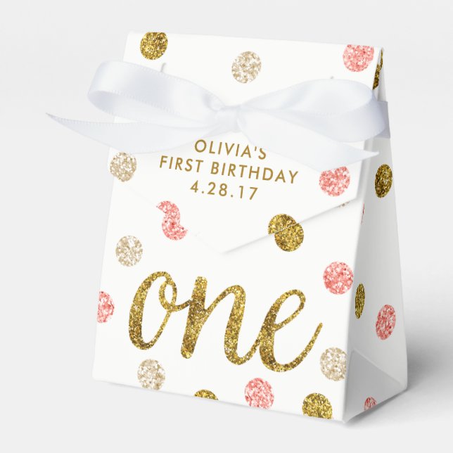 One Glitter Confetti 1st Birthday Pink and Gold Favor Box (Front Side)
