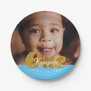 ONE   Gold Shimmer  First Birthday Photo Paper Plate