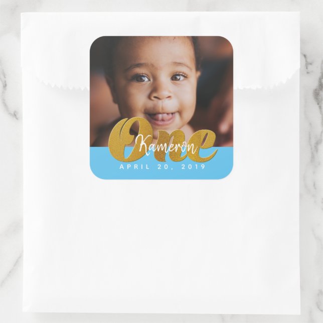 ONE | Gold Shimmer | First Birthday Photo Square Sticker (Bag)