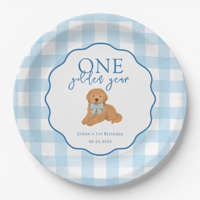One Golden Year Doodle Puppy First Birthday Party Paper Plate (Front)