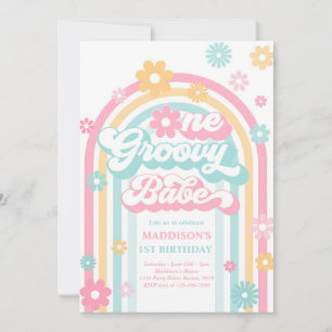 One Groovy Babe Boho Daisy Rainbow 1st Birthday Invitation