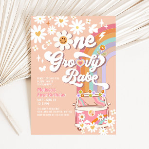 One Groovy Babe Daisy Rainbow 1st Birthday Invitation