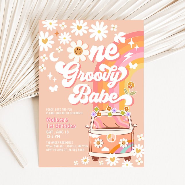 ONE Groovy Babe Daisy Rainbow Groovy 1st Birthday Invitation (Creator Uploaded)
