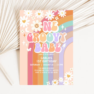 One Groovy Babe Daisy Rainbow Retro 1st Birthday Invitation