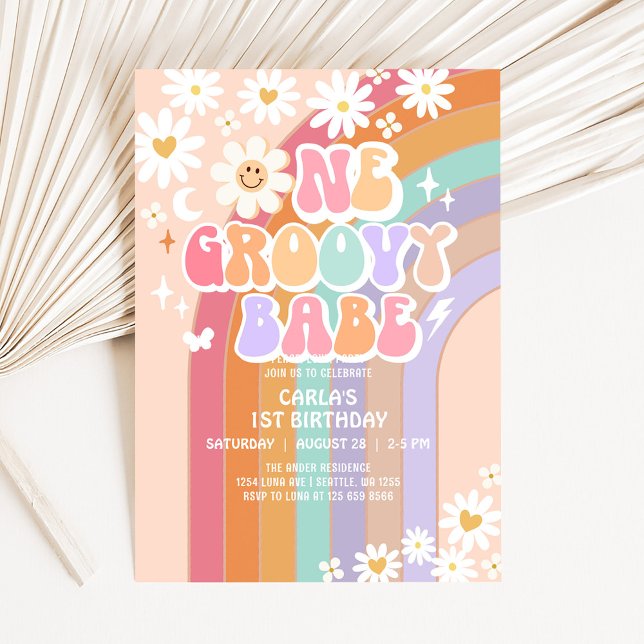 One Groovy Babe Daisy Rainbow Retro 1st Birthday Invitation (Creator Uploaded)