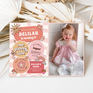 One Groovy Babe Daisy Retro 1st Birthday Photo Invitation