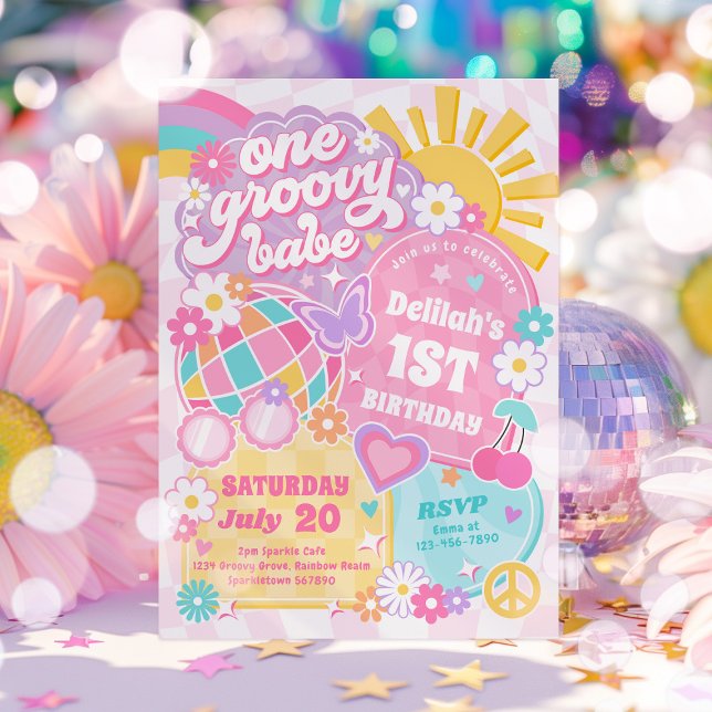 One Groovy Babe Groovy Rainbow 1st Birthday Party Invitation (Creator Uploaded)