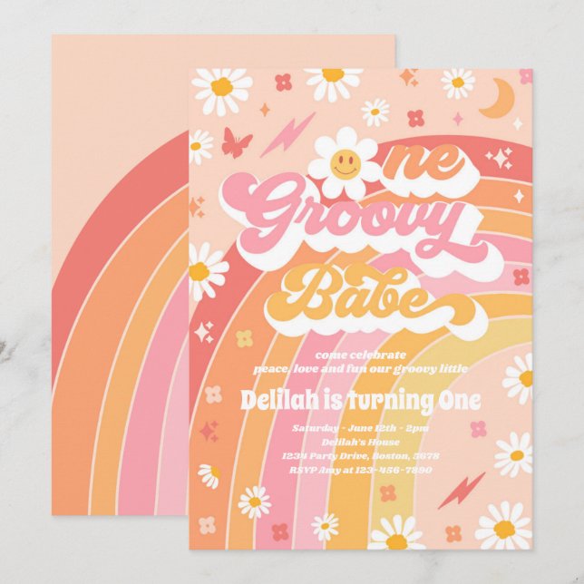 One Groovy Babe Peace Love Party Rainbow Birthday Invitation (Front/Back)
