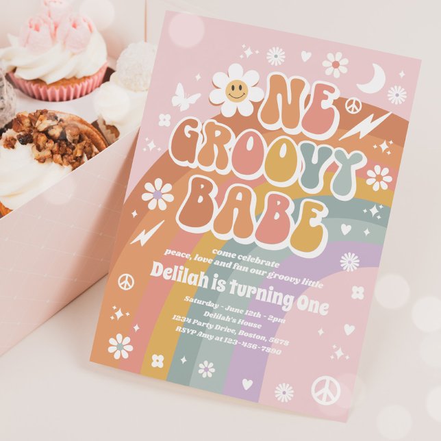 One Groovy Babe Peace Love Party Rainbow Birthday Invitation (Creator Uploaded)