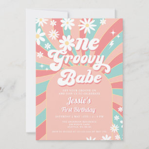 One Groovy Babe Pink Daisy 70s Retro 1st Birthday Invitation