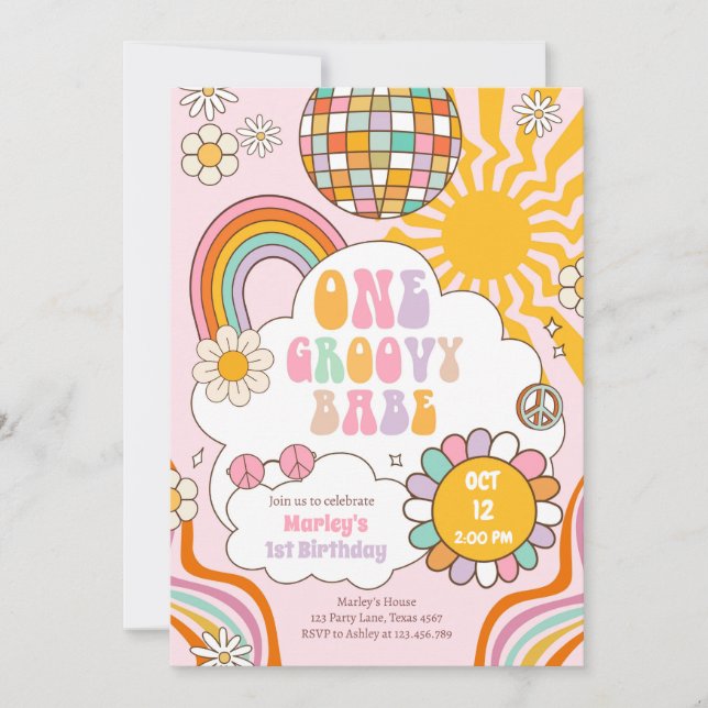 One Groovy Babe Retro 70s Rainbow 1st Birthday Invitation (Front)