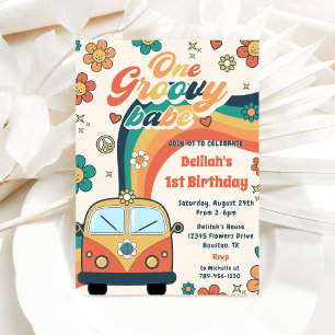 One Groovy Babe Retro Floral 1st Birthday Party  Invitation
