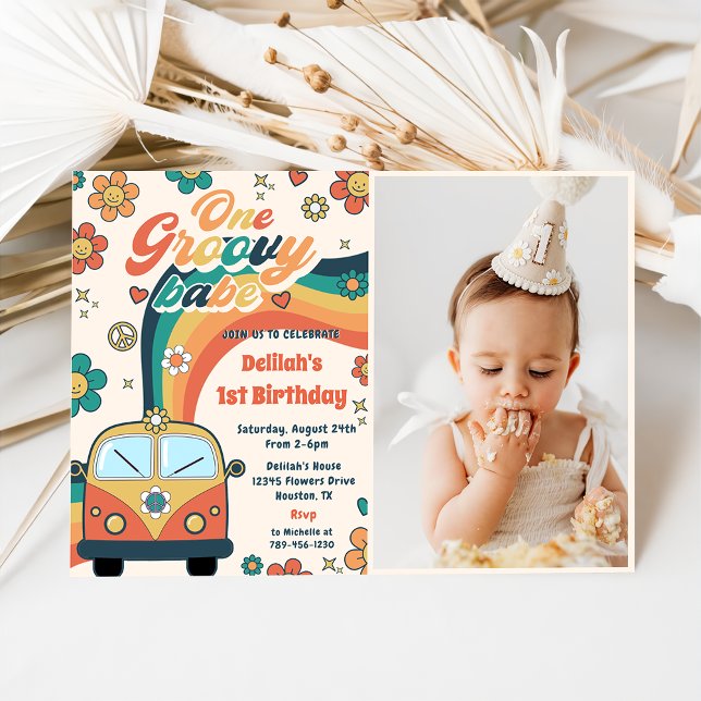 One Groovy Babe Retro Floral 1st Birthday Photo Invitation (Creator Uploaded)