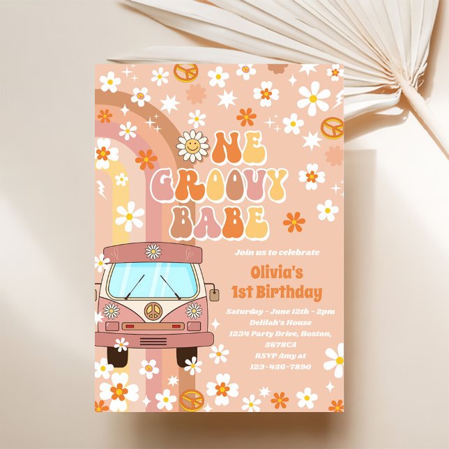 One Groovy Babe Retro Rainbow 1st Birthday Invitation (Creator Uploaded)