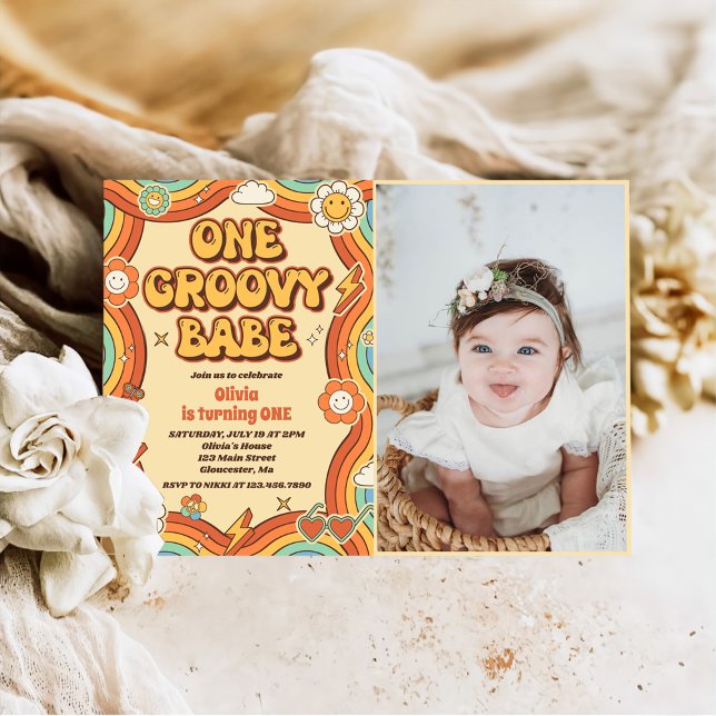 One Groovy Babe Retro Rainbow 1st Birthday Photo Invitation (Creator Uploaded)