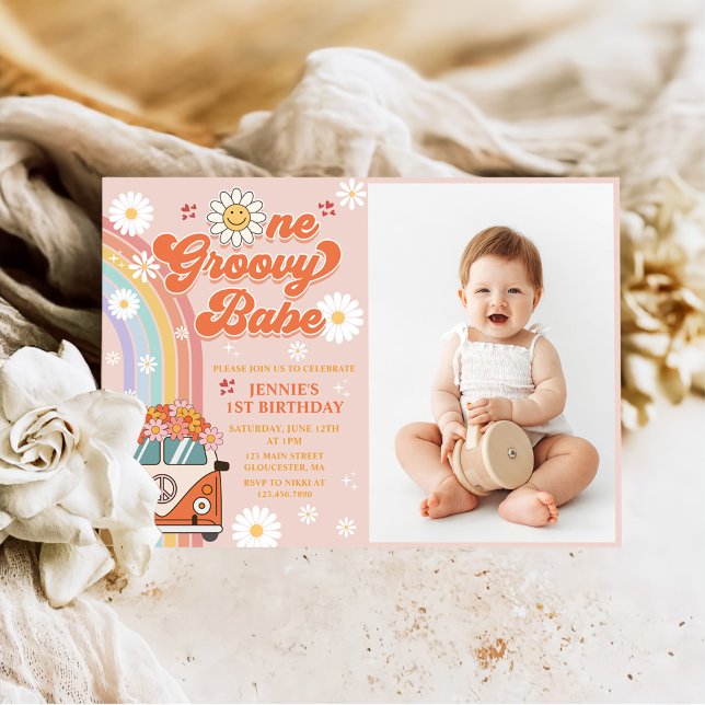 One Groovy Babe Retro Rainbow 1st Birthday Photo Invitation (Creator Uploaded)