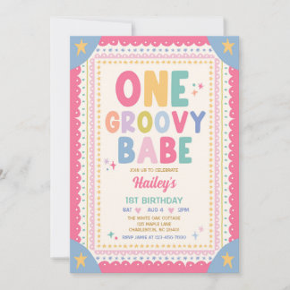 One Groovy Babe Whimsical Girl 1st Birthday Party Invitation