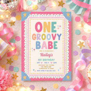 One Groovy Babe Whimsical Girl 1st Birthday Party Invitation