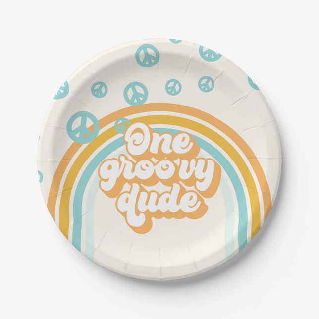 One Groovy Dude Retro Boy 1st Birthday Paper Plate (Front)