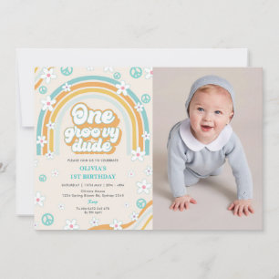 One Groovy Dude Retro Boy 1st Birthday Party Photo Invitation