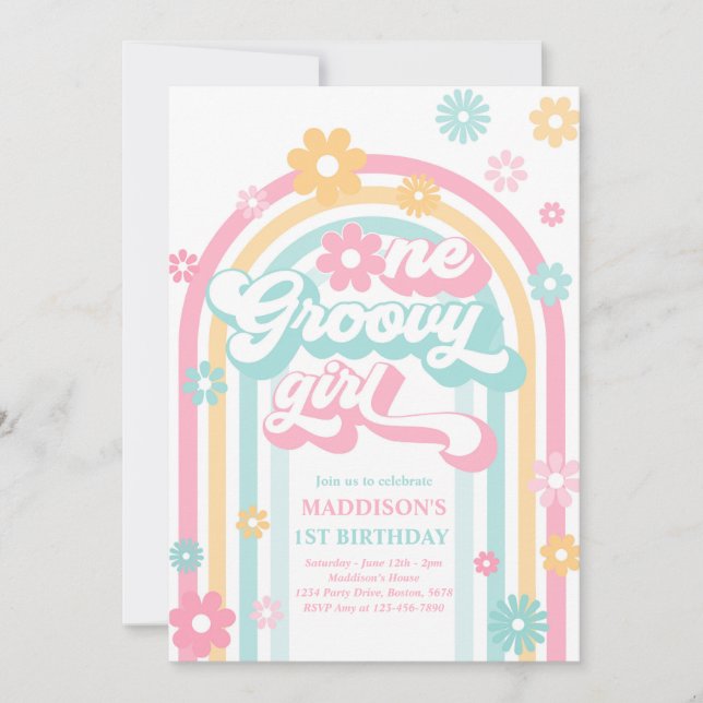 One Groovy Girl Boho Daisy Rainbow 1st Birthday Invitation (Front)