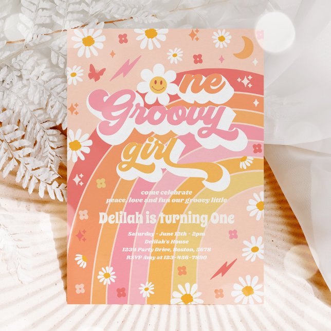 One Groovy Girl Peace Love Party Rainbow Birthday Invitation (Creator Uploaded)