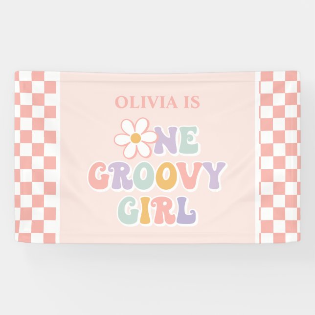 One Groovy girl Pink Daisy Chequered Banner (Horizontal)