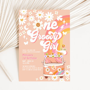 ONE Groovy Girl Pink Peach Van Daisy 1st Birthday Invitation