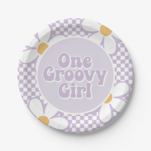 One Groovy Girl Purple Daisy Chequered Paper Plate